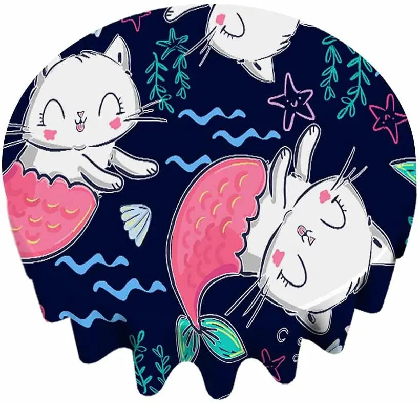 

Mermaid Cats Round Tablecloth Table Cloth Cute Cartoon Children Flowers Star Blue Round Tablecloth Thanksgiving Christmas