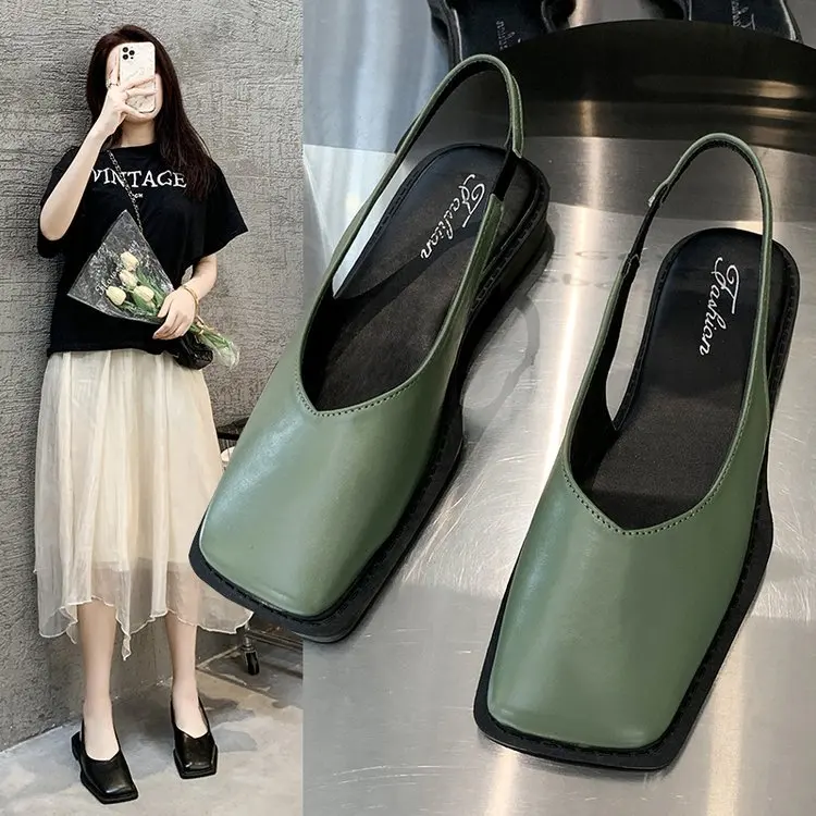

2022 New Summer Women Sandals Baotou Square with A Word Buckle Back Strap Women Shoes Solid Color Casual Shoes for Women