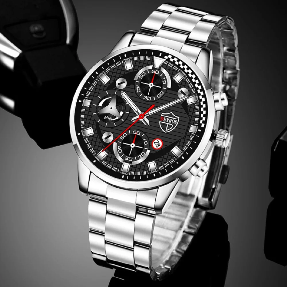 

Business Fashion Men's Watchs Luxury Silver Stainless Steel Quartz Wristwatch Male Calendar Luminous Leather Clock reloj hombre