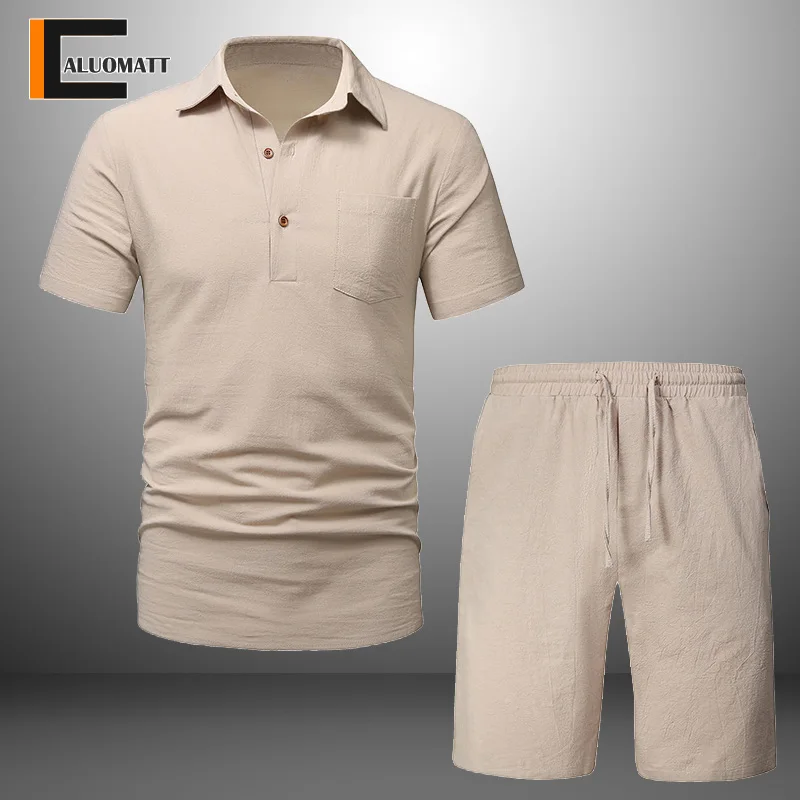 

Mens Summer Short Sleeve Tshirt+Short Two Piece Set Casual Sports Suit Fashion Loose Sportswear Men Turn-Down Collar Solid Color