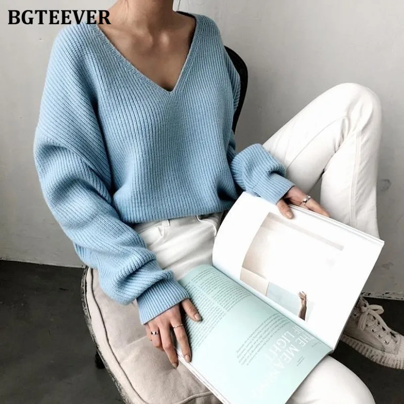 

BGTEEVER Autumn Winter V-neck Loose Female Knitted Jumpers Elegant Long Sleeve Irregular Sweaters for Women Pullovers Tops