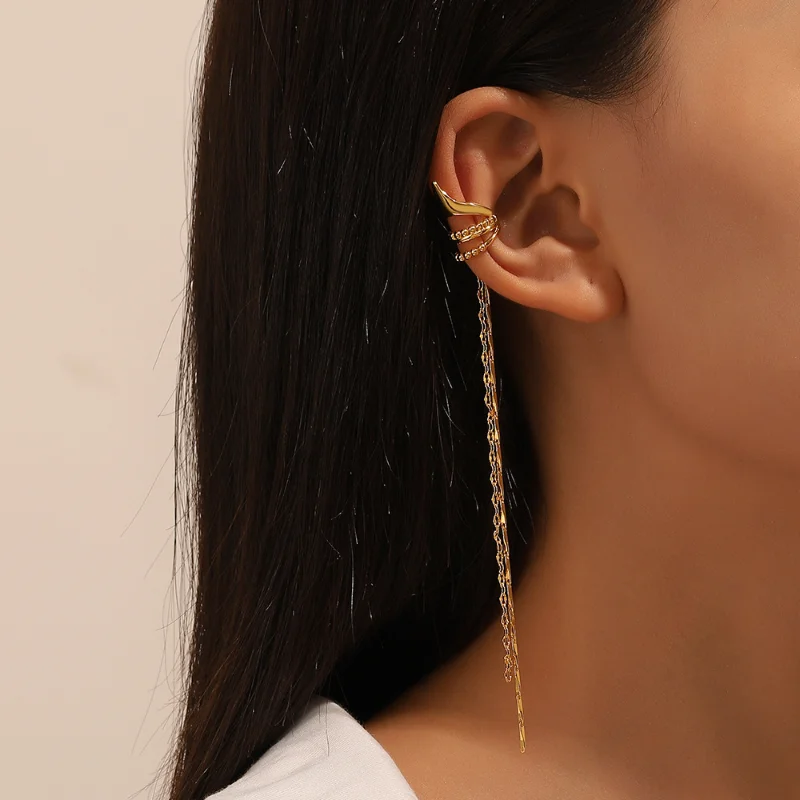 

1 PC Long Tassel Gold Color Ear Cuffs Non Perforated Elf Ear Clip Earrings Fake Cartilage Earrings for Women Hot Selling Jewelry