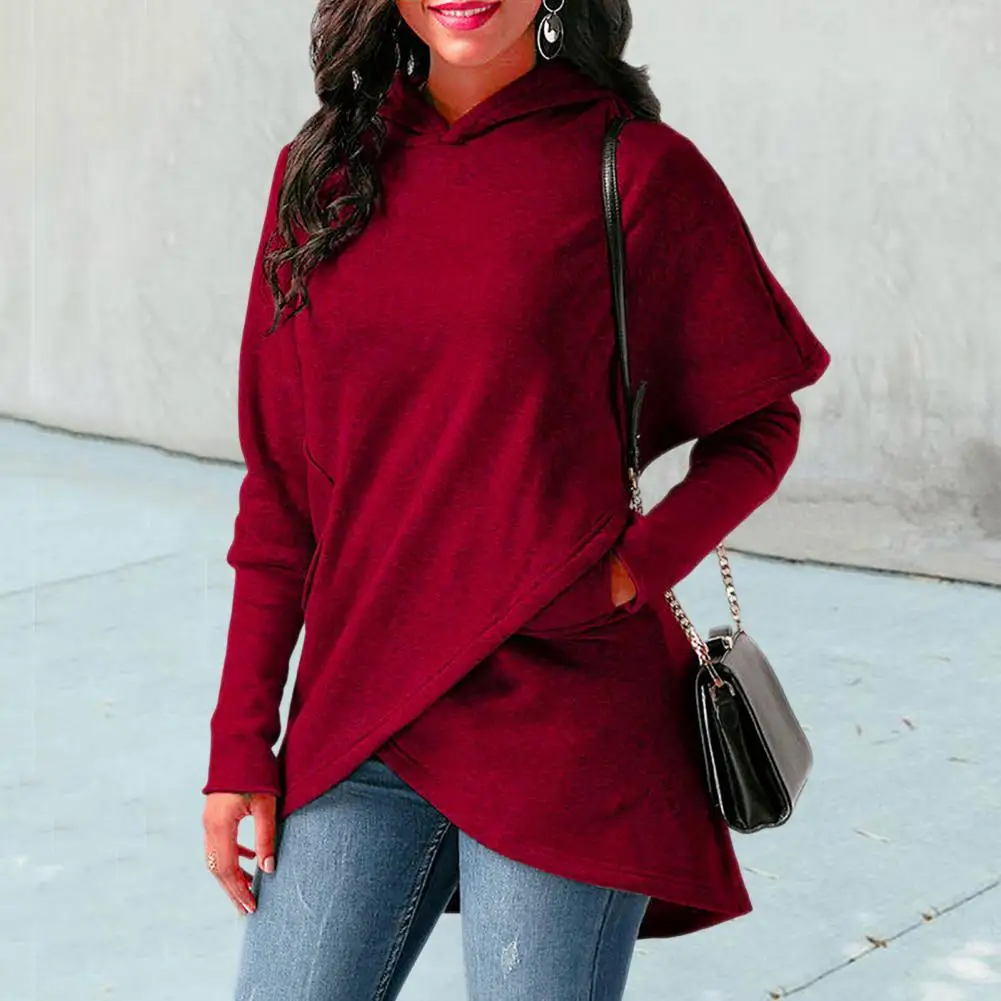 

Pullover Hoodie Women Mid-length Irregular Hem Long Sleeves Pockets Autumn Winter Solid Color Loose Hooded Sweatshirt Streetwear