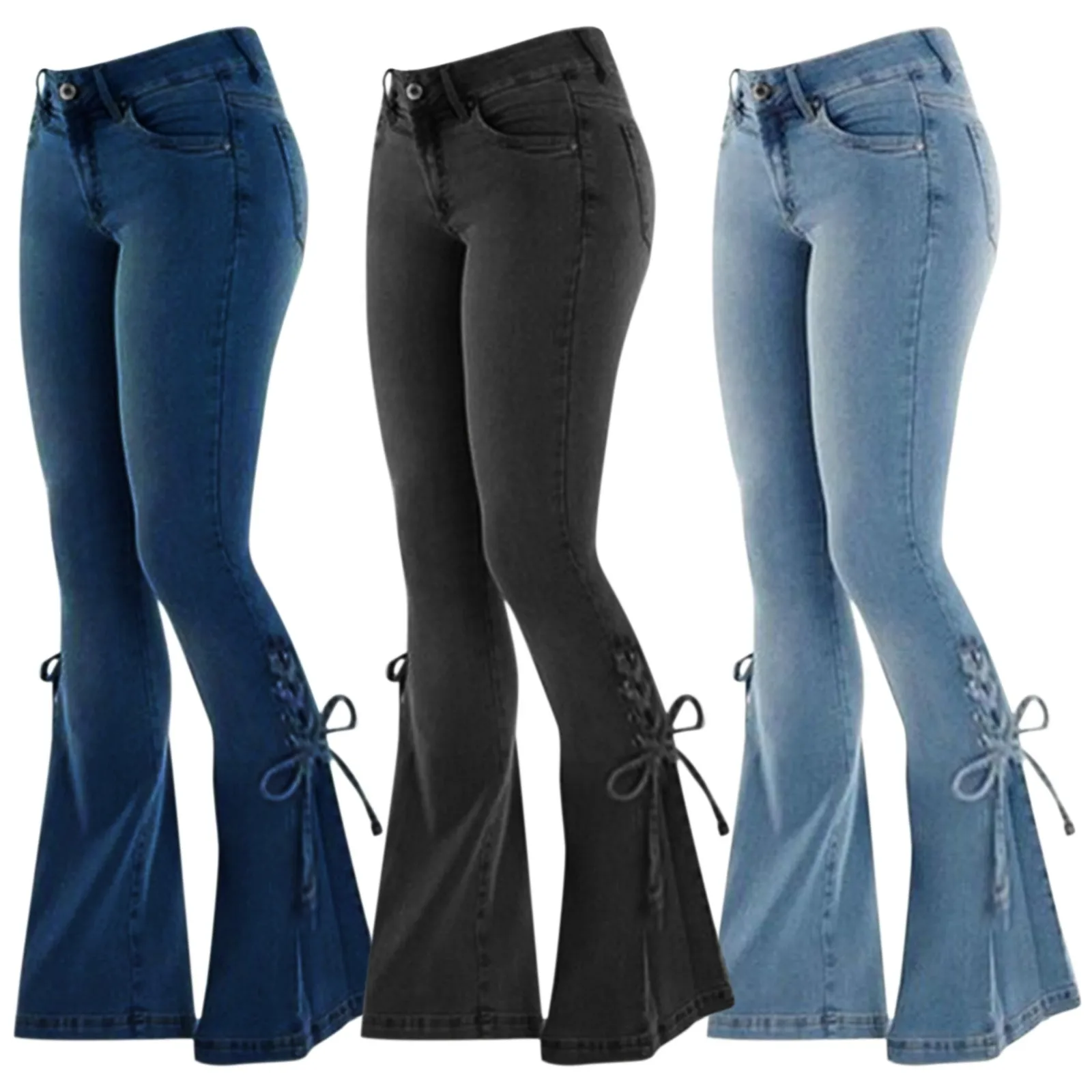 

2023 микро расклешенные женские джинсы со шнуровкой и бантом, пикантные эластичные облегающие повседневные брюки, длинные брюки для пола, потертые джинсы