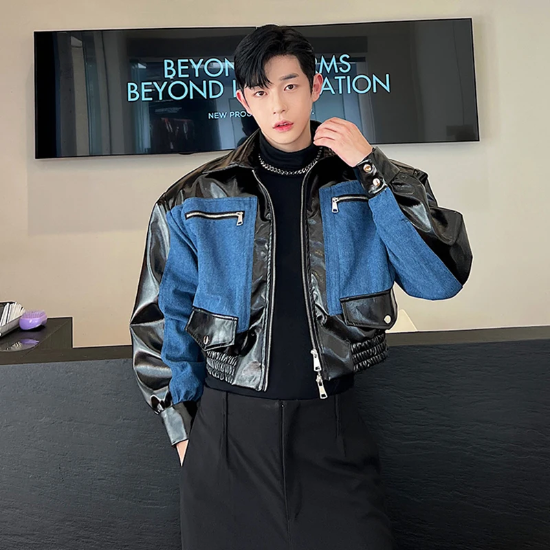 

Куртка SYUHGFA мужская кожаная, уличная одежда из денима, свободного покроя, в стиле пэчворк, индивидуальная одежда в Корейском стиле