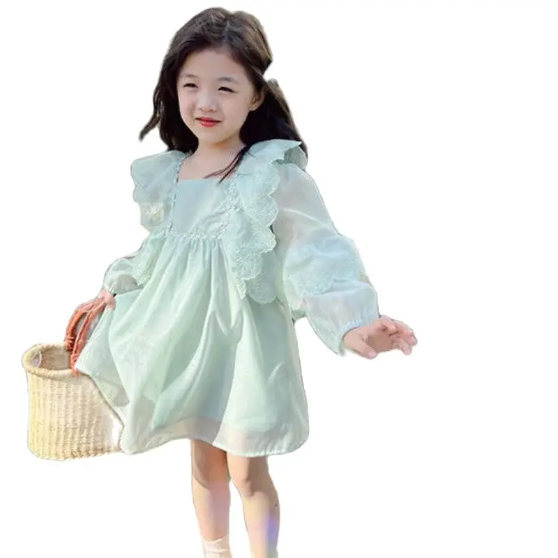 

Girl Dress Spring And Summer New Sweet Baby Middle-aged Children's Clothing Long Sleeved Lace Solid Chiffon Fresh Fairy Dress