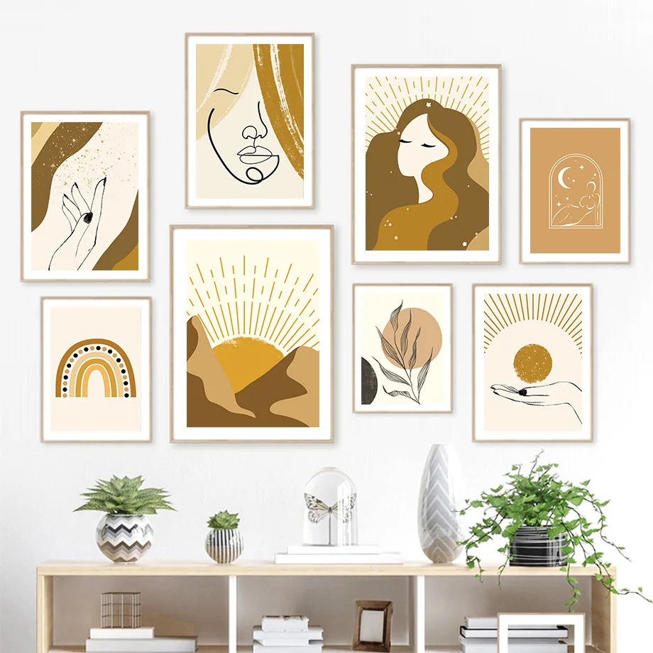 

Абстрактная Геометрическая линия женщина растение лист Бохо настенная живопись на холсте скандинавские постеры и принты картины для декор...