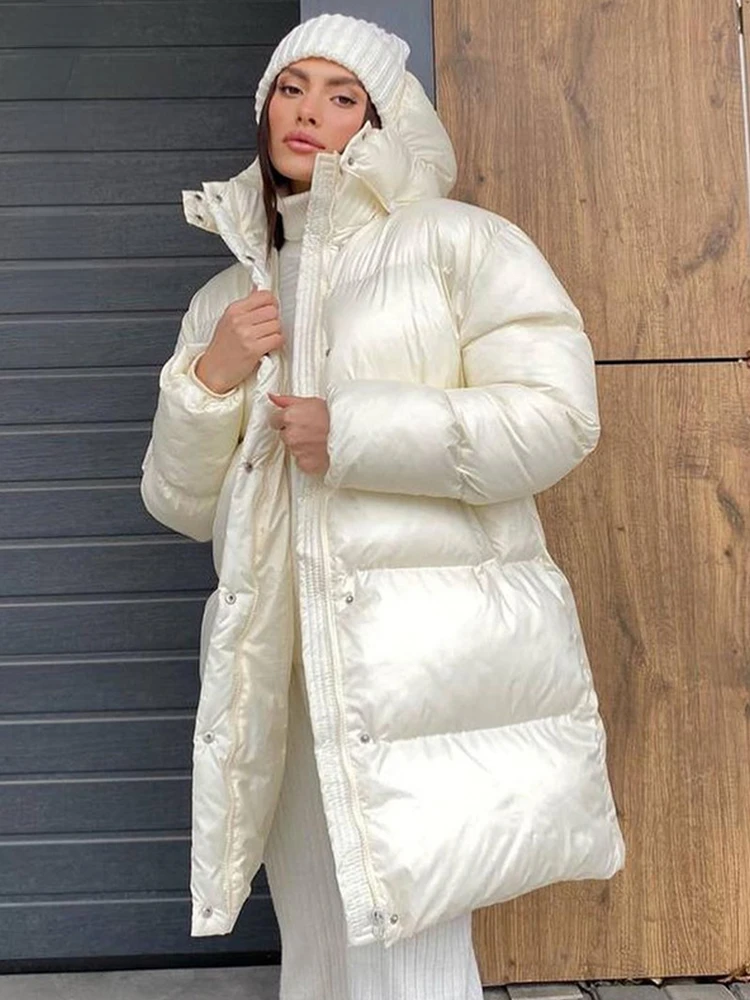 Winter Fashion White Long Hooded Puffer Coats for Women 2022 Casual Zipper Thick Warm Bubble Down Jackets Long Parkas Streetwear