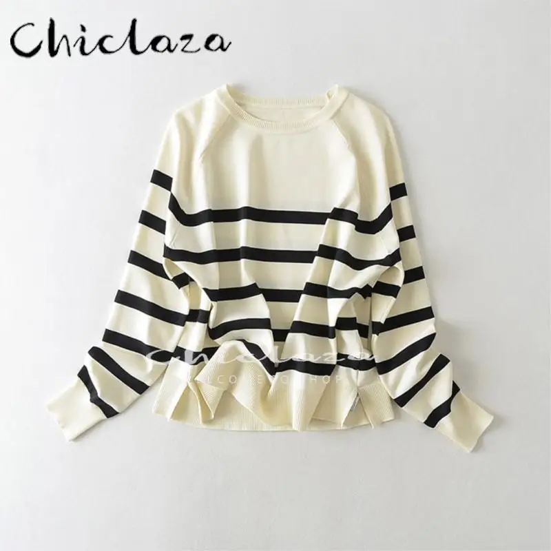 

CHICLAZA 2022 Autumn Winter Women Fashion Striped Knitted Sweater Top Female Long Sleeve O Neck Casual Pullover