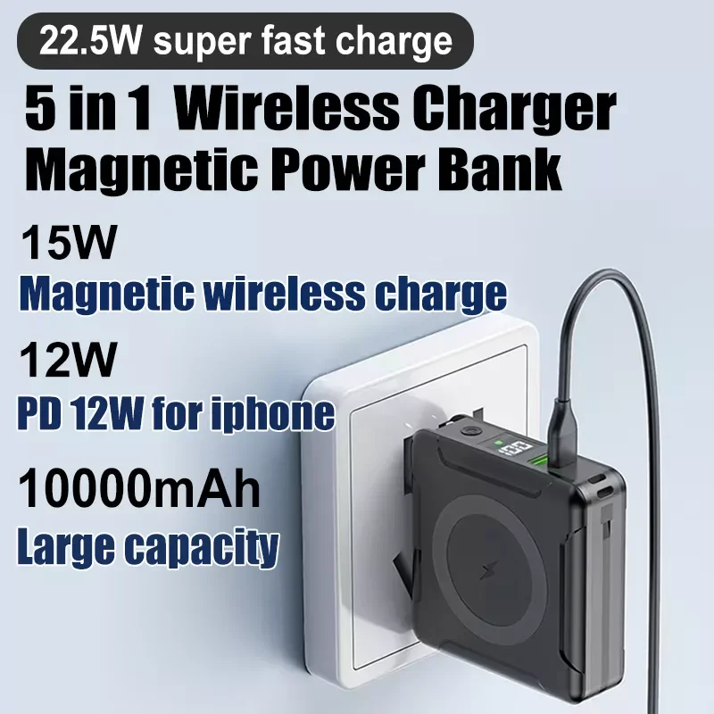 

2023New 10000mAh Magnetic Power Bank 5 in 1 Fast Charging External Battery For Iphone 13 LED Digital Display Travel Charger 6 Ge