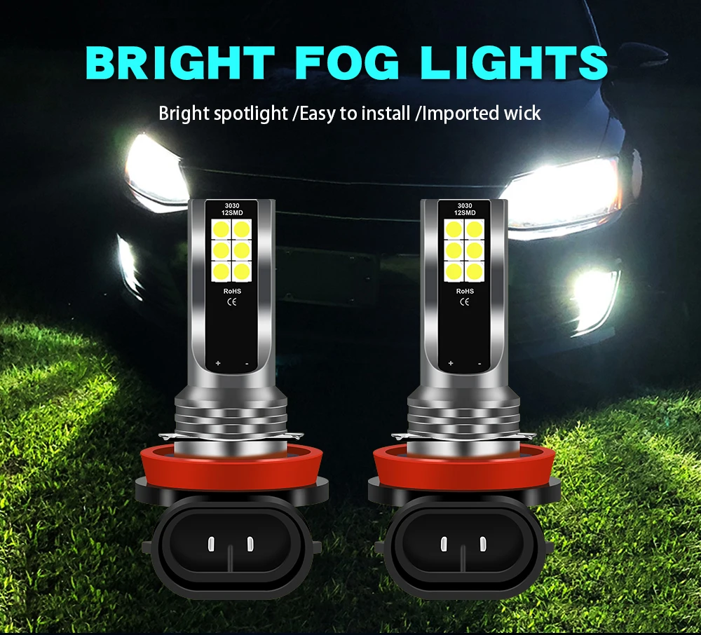 

2Pcs H8 H11H9 LED Bulb 9005 HB3 9006 HB4 H1 H3 H4 H7 Led Lamp Super Bright Car Fog Lights Day Driving Running Light and lighting