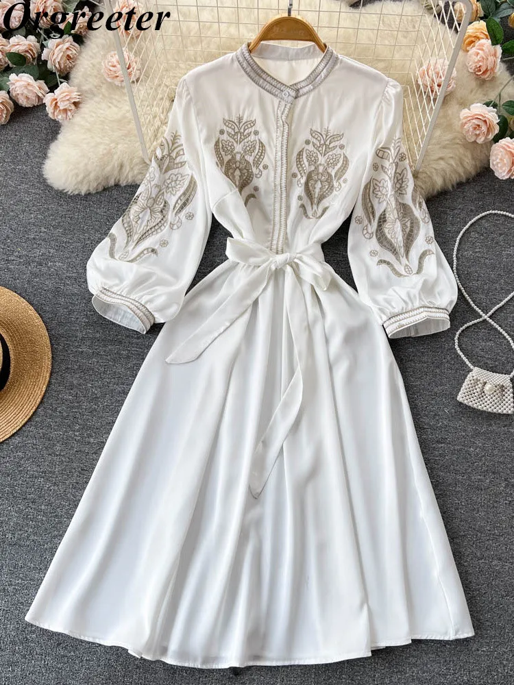 

New Arrival Elegant White Satin Dress Women Veatidos Feminino Retro Lantern Sleeve Embroidery Hollow Out Sashes Midi Party Dress