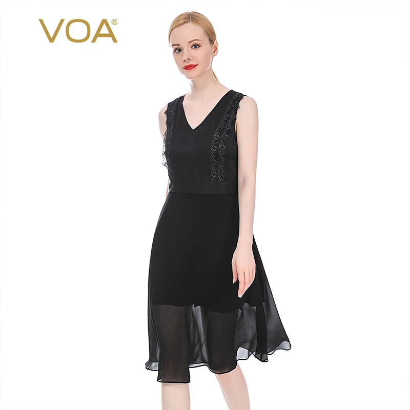 (Clearance Sale) VOA Fashion Lace Spliced Satin Silk Black Dress Summer Thin Georgette Sleeveless Slim Midi Dresses Women AE100