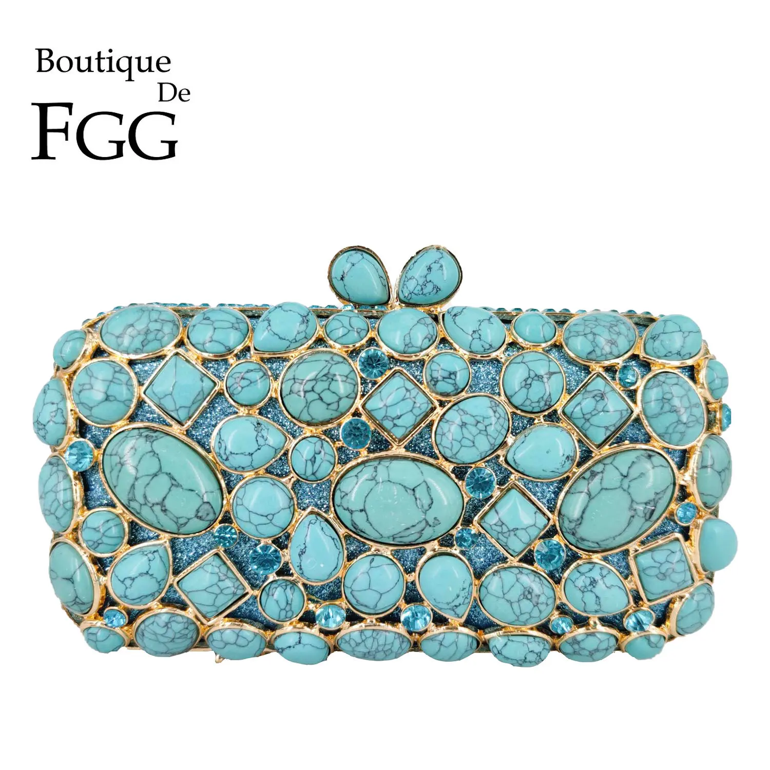 Boutique De FGG Turquoise Synthetic Agate Stone Evening Bags and Clutches for Women Formal Party Bags Party Rhinestone Handbags