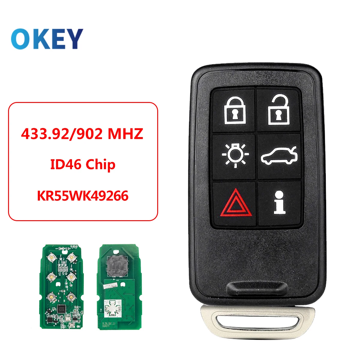 Okey Remote Car Key 6 Button KR55WK49266 902MHz For VOLVO S60 S80 V40 V60 V70 XC60 XC70 2007-2016 Auto Keyless