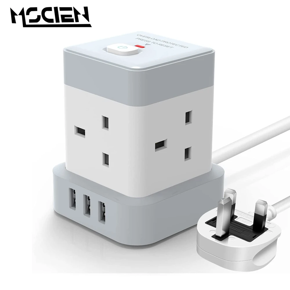 

MSCIEN Smart UK Plug Electrical Sockets with 3 USB 5V 2.4A Charging Surge Protector 4 AC Outlets 2M Extension Cable Power Strip