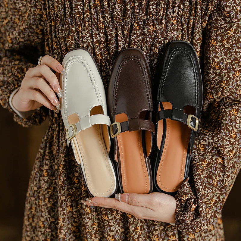 

Ranbetty Women Mules Shoes Cow Leather Flats Round Toe Shoes Slip-on Loafer Slingback Backless Slid Slippers Shoes For Women