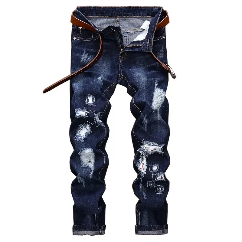 

2022New Ripped Distressed Destroyed Straight Fit Washed Denim Jeans Plus Size 40 42 Men Blue Casual Jeans Punk Clothes