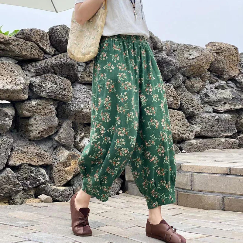 

2022 Summer New Arts Style Women Elastic Waist Loose Ankle-length Pants Cotton Linen Vintage Floral Print Harem Pants C148