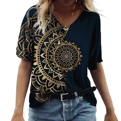 2023 Summer Women's T-Shirt Vintage Casual Black Fashion V-Neck Pullover Short Sleeve Printed Loose Daily Tops Design Clothing