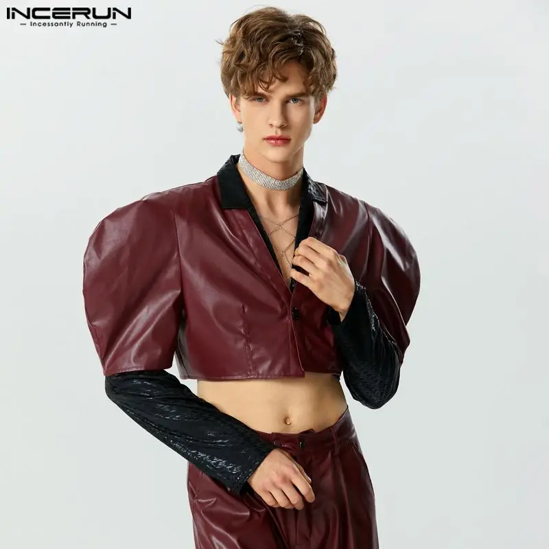 

INCERUN 2023 мужские куртки, однотонные мужские укороченные пальто из искусственной кожи на одной пуговице, уличная одежда с V-образным вырезом и короткими рукавами-фонариками, повседневная верхняя одежда