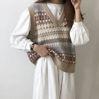 vintage argyle patchwork sweater autumn winter women knitted vest korean style loose v neck pullover sleeveless sweater