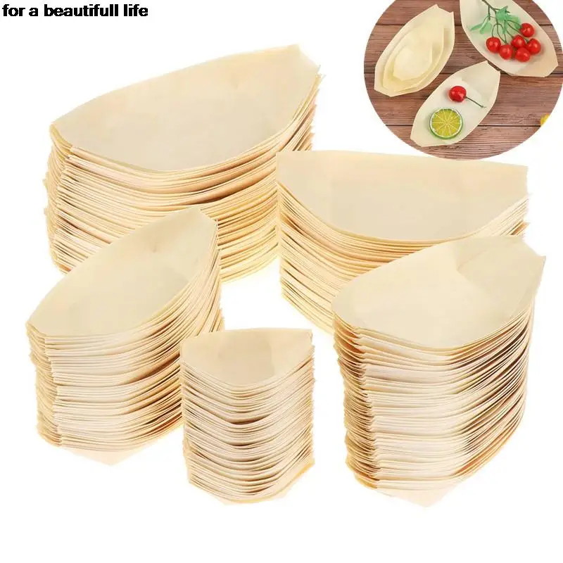 New 50pcs Sushi Shushi Wood Boat Natural Bamboo Disposable Kayak Salad Dessert Pine Cake Boat Snack Bowl Mat Sushi Plate Tray