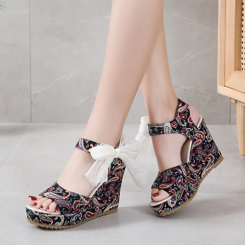 

Fashion Wedge Heel Sandals For Women Open Toe Buckle Snake Leather Platform Wedge Sandals Women