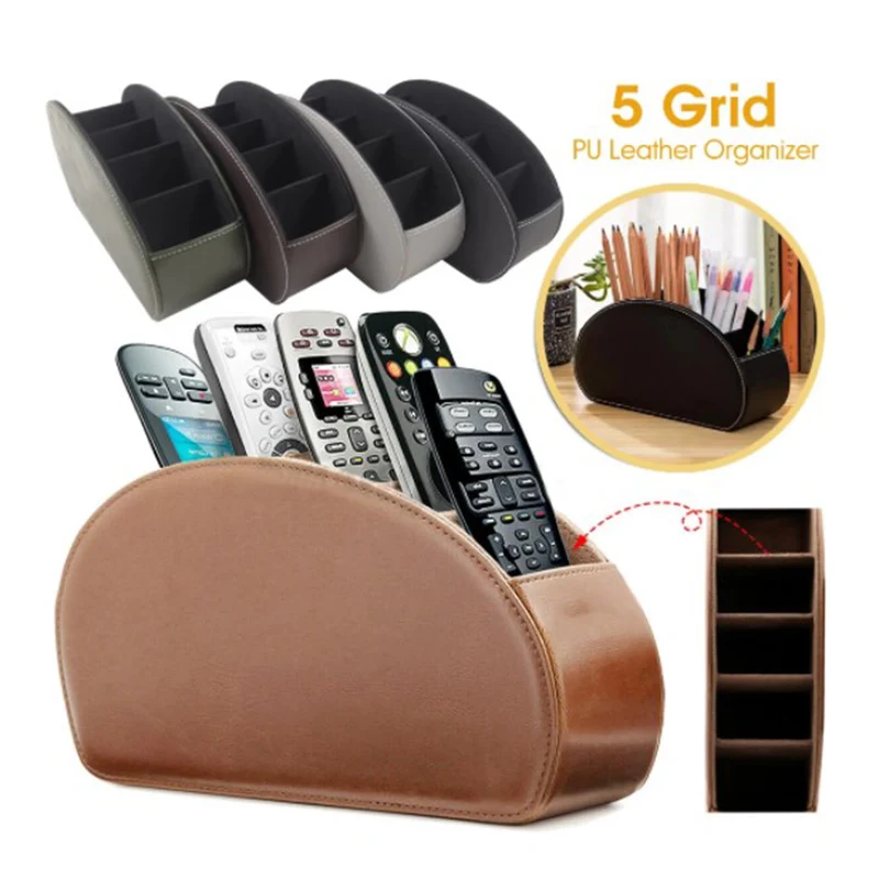 

5 Grid Pu Leather Organizer Remote Control Phone And Tv Holder Desk Storage Box Cosmetics Brush Storage Holder