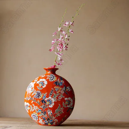 

Chinesestyle Colorful Hand Painted Flower Vase Ceramics Flat Mouth Flower Arrangement Decor Vase Entrance Tv Cabinet Home Decore