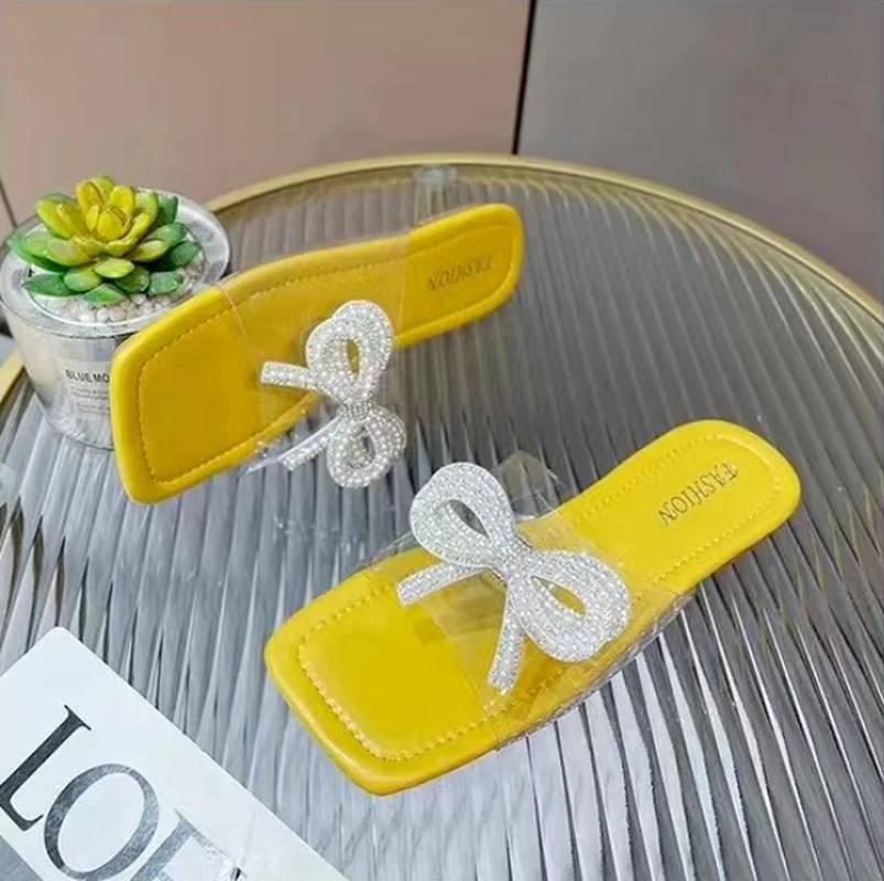 

2023 Green bowknot Soft Slippers for Women Square Toe Flat Sandals Woman Plus Size 43 Summer Beach Flip Flops Women Sandals