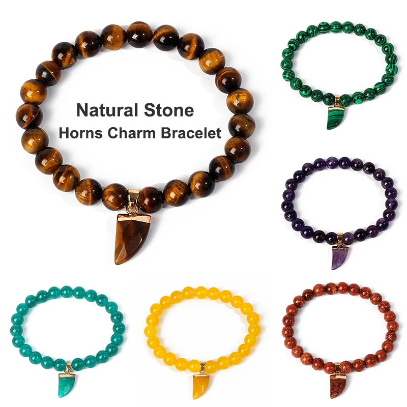

Natural Stone Horn Charm Bracelets Couple Lucky Amulet Pendant Bracelets Women Nature Amethysts Tiger Eye Stone Bead Jewelry Men