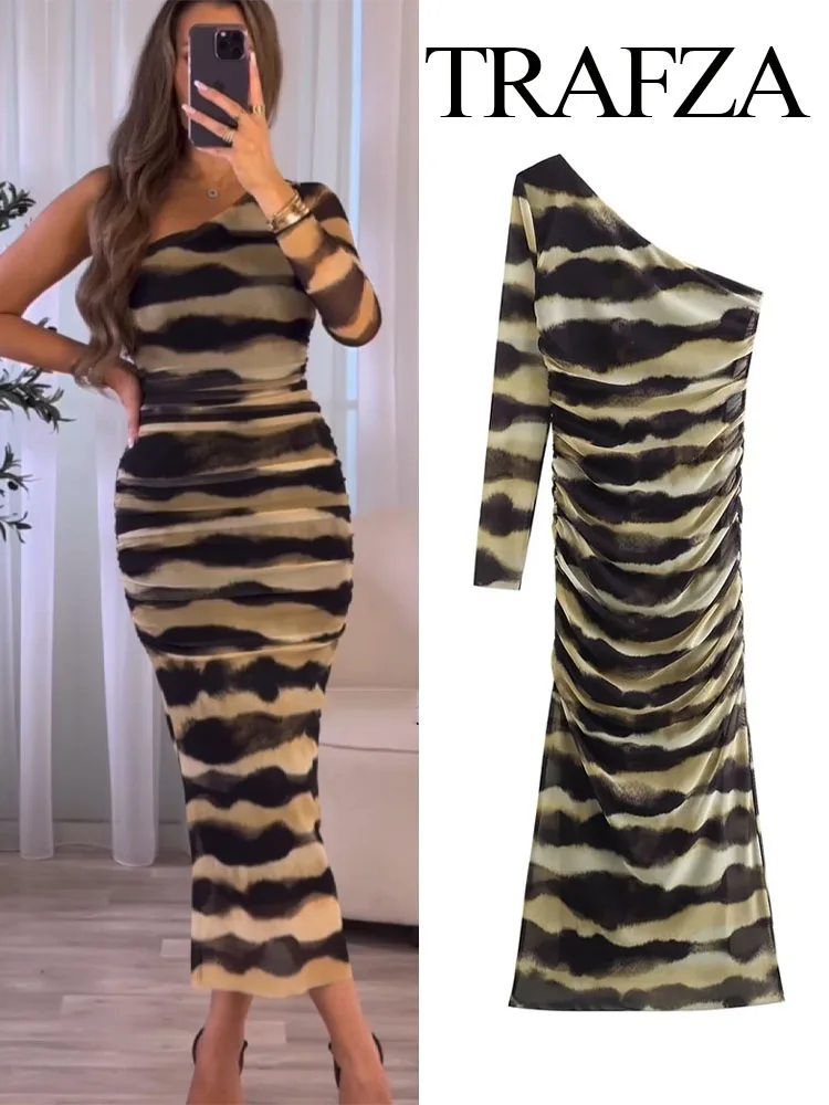 

TRAFZA Summer Tulle Women's Stripe Print Dress Fashion Knit Long Sleeves Asymmetric Pleated Robe Slim Fit Women's Midi Dress