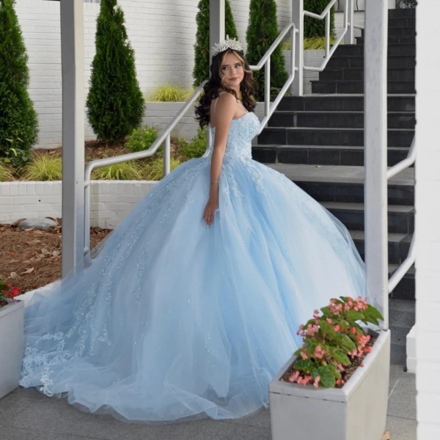 

Lorencia Sky Blue Sequins Quinceanera Dresses Off the Shoulder Beading Applique Lace Princess Ball Gown Vestidos De 15 Anos YQD2