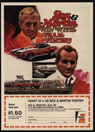 1n 1970 SOX Win With FRAM - CUDA Hemi Drag Race Car ВИНТАЖНЫЙ Знак AD-Tin