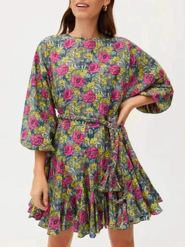 

Women Floral Print Pleated A-line Short Robes Long Sleeve Lace-up Female O-neck Mini Dress with Sashes 2022 Summer new