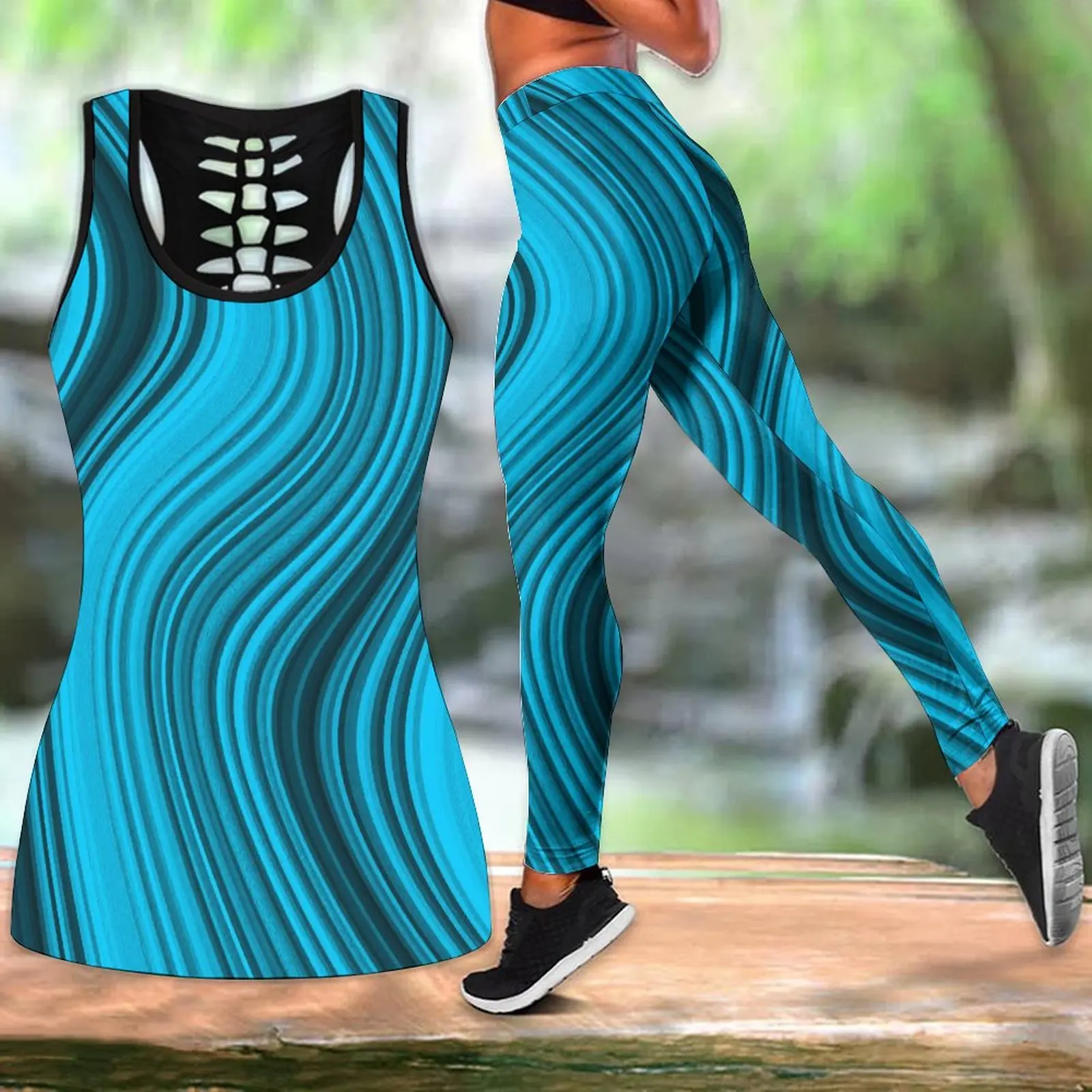 

Women's Summer New Lines Shiny Print Tank Tops Leggings Suit
