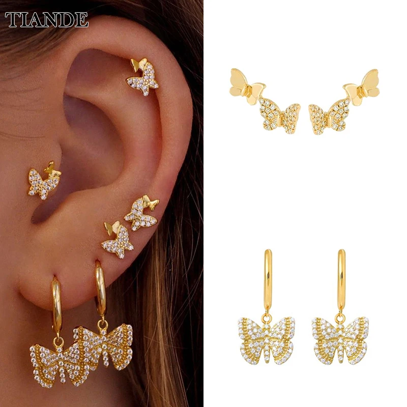 

TIANDE Gold Plated Stud Hoop Drop Earrings for Women CZ Zircon Piercing Butterfly Women's Dangle Earrings 2022 Jewelry Wholesale