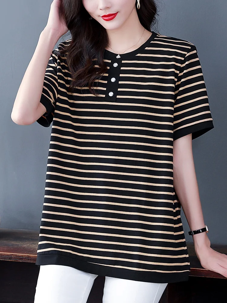 Летняя одежда для пожилых людей футболка в полоску из чистого хлопка женская с