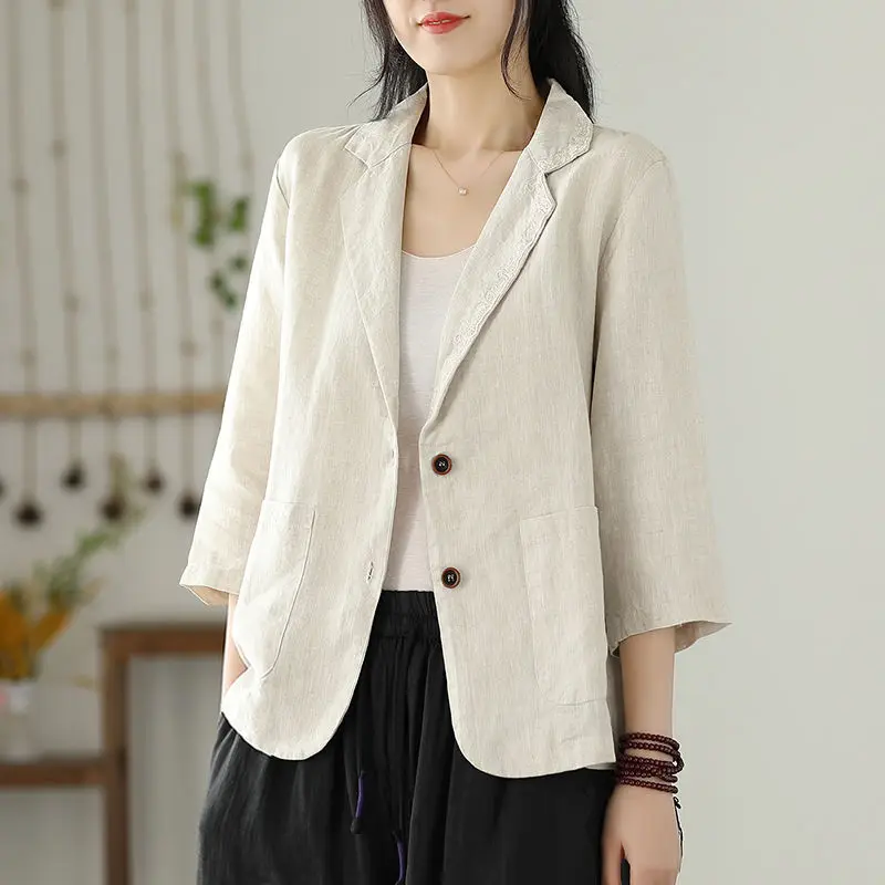 

Women Cotton Linen Suit Jacket Female Spring Summer 2022 New Chinese Traditional National Thin Loose Big Suit Coat Solid Color
