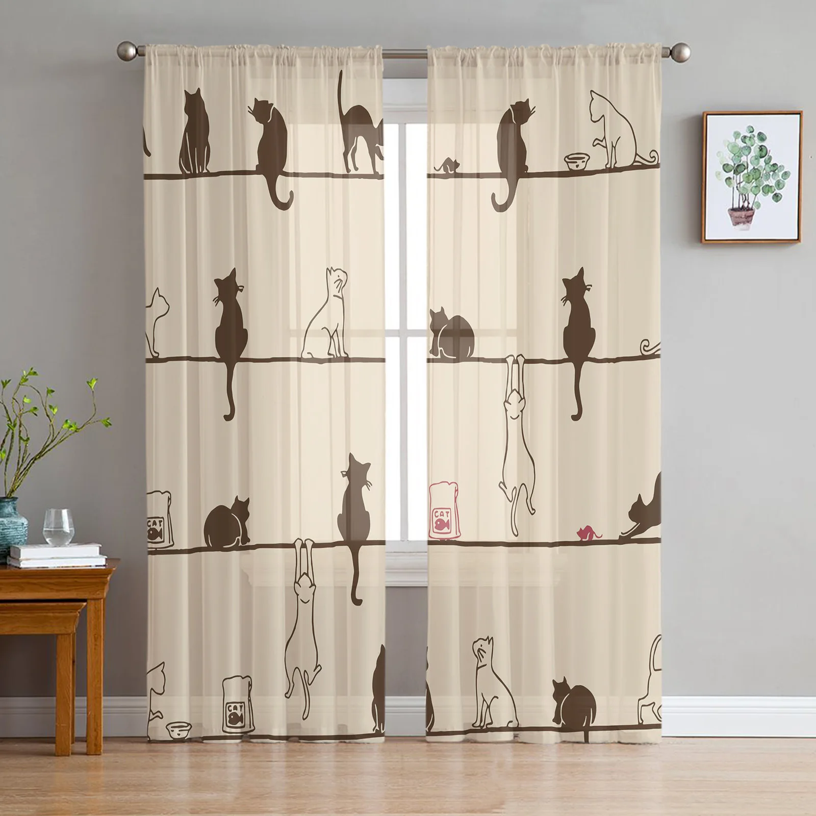 

Cortinas transparentes de tul para sala de estar, cortinas de gasa con diseño de ratón y gato para dormitorio, cocina, ventanas
