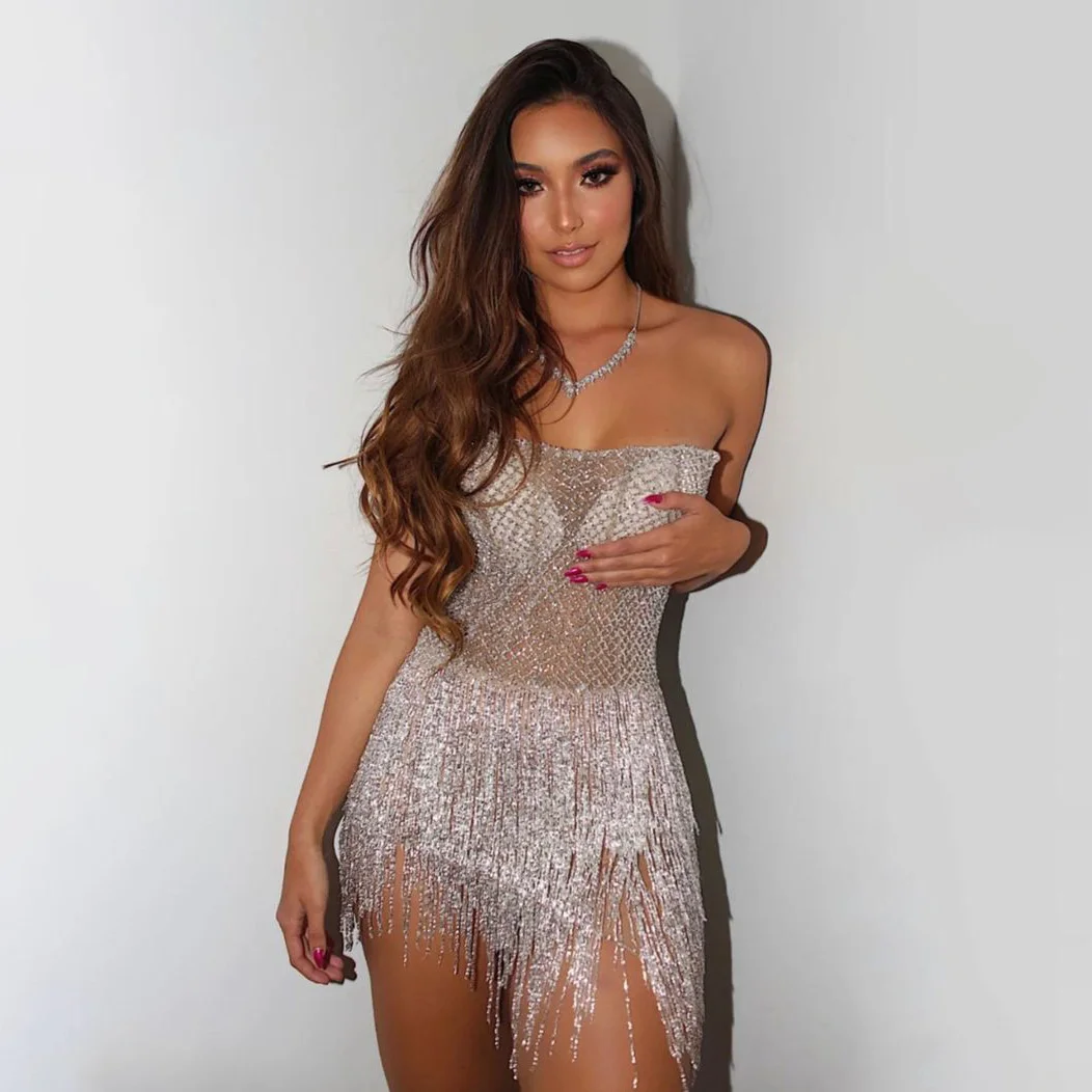 

Cutubly Autumn Strapless Corset Dress For Women Sexy Mesh Sheer Backless Vestidos Elegant Tassel Short Skirt Club Evening Party
