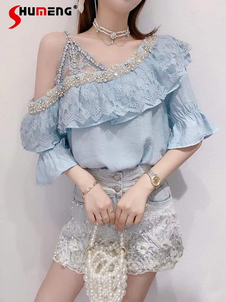 

2022 Summer New Ladies Fashion Fairy Short-Sleeved Shirt Women's Korean Sweet Beads Luxury Rhinestone Off-Shoulder Blouses Top