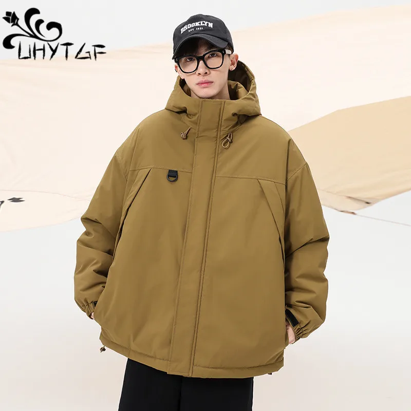 

UHYTGF Couple Down Cotton Jacket Men's Hooded Thicken Cold Proof Winter Parker Coat Male Breathable Casual Warm Overcoat 3XL 242