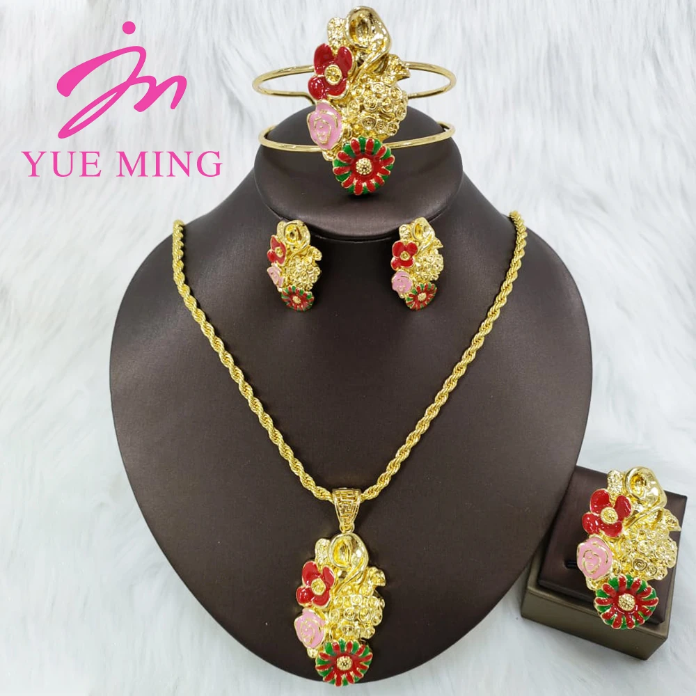 

Gold Plated Jewelry Sets for Women Dubai African Bridal Wedding Gifts Colorful Flowers Necklace Earrings Ring Bracelet Jewellery