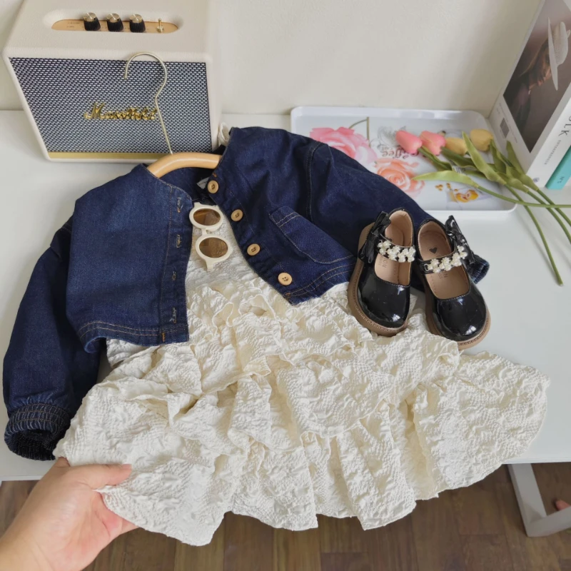 

Autumn Girls Clothing Set Korean Style Girls Fashion Short Style Denim Jacket Casual Coat+Suspender Dress 2pcs Sets Girl Clothes