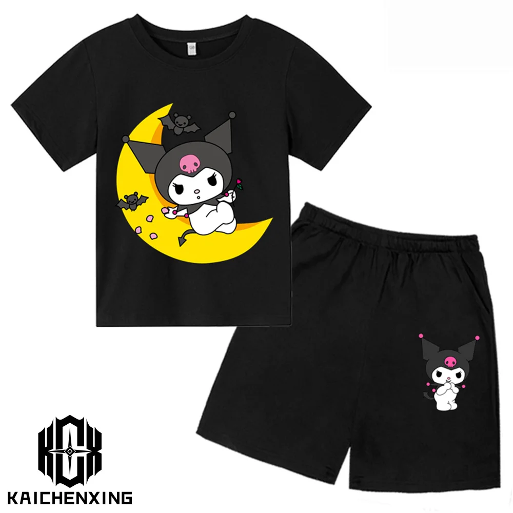 

Boys Girls Anime Hello kitty Kuromi T shirt Clothes Cartoon Tops Kids PokemonT-shirt Set Summer Short Sleeves Women Tees