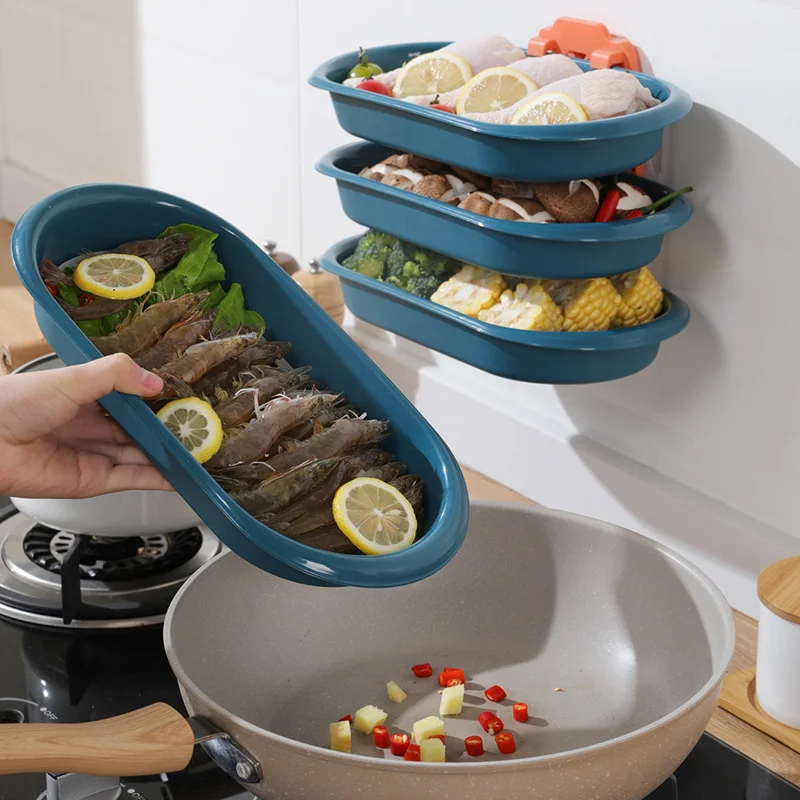 

3/6 Layer Kitchen Storage Tray Organizer Wall-Mounted Plastic Trays for Chicken Thighs Corn Prawns Punch-Free Tray Organizer