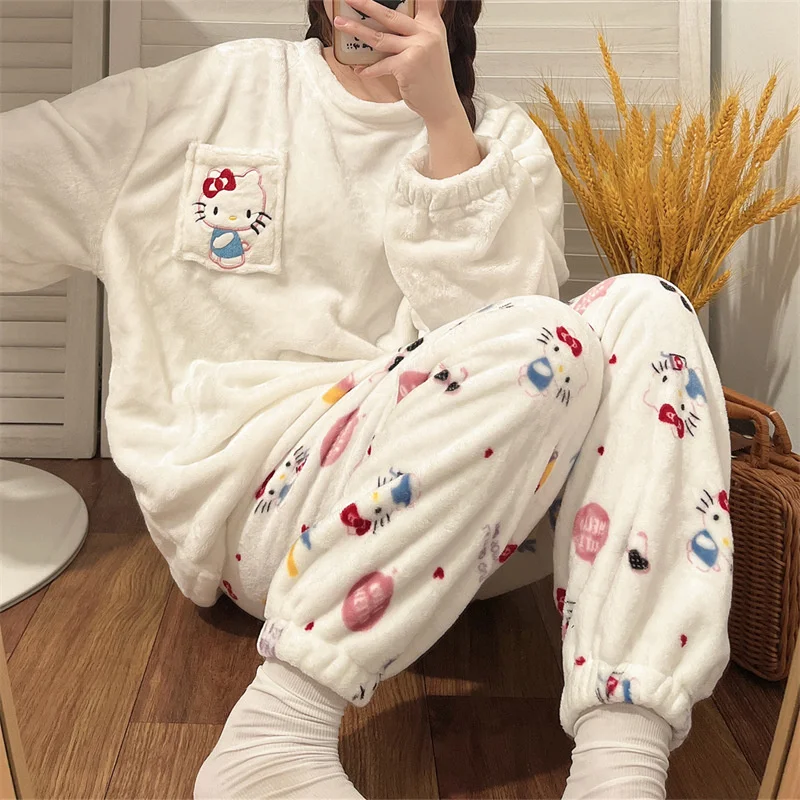 

Hello Kitty Winter Pajamas Kuromi Mymelody Cinnamorol Pochacco Women's Large Autumn and Winter Flannel Long Sleeve Warm Suit