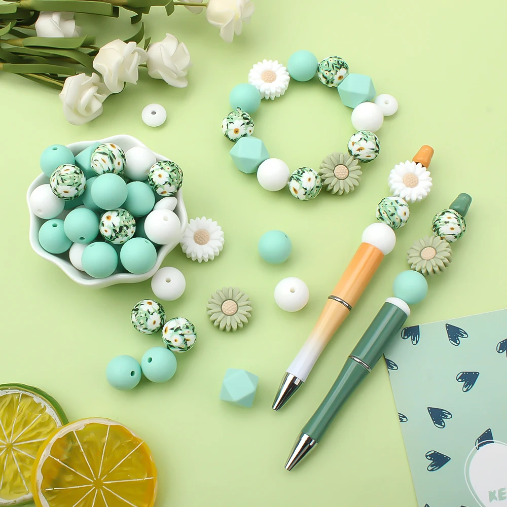 30Pcs Детские Силиконовые Бусины Daisy Тема Для Ювелирных Изделий DIY Ручка Ожерелья